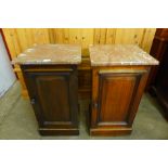 A pair of Victorian mahogany and marble topped pot cupboards, 76cms h, 41cms w, 38cms d