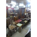 A mahogany freestanding corner cabinet, a pair of chairs, an armchair, standard lamp, etc. (7)