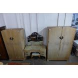 A bleached walnut five piece bedroom suite