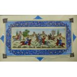 Mughal School, figures on horseback playing polo, gouache on panel, 6 x 16cns, framed