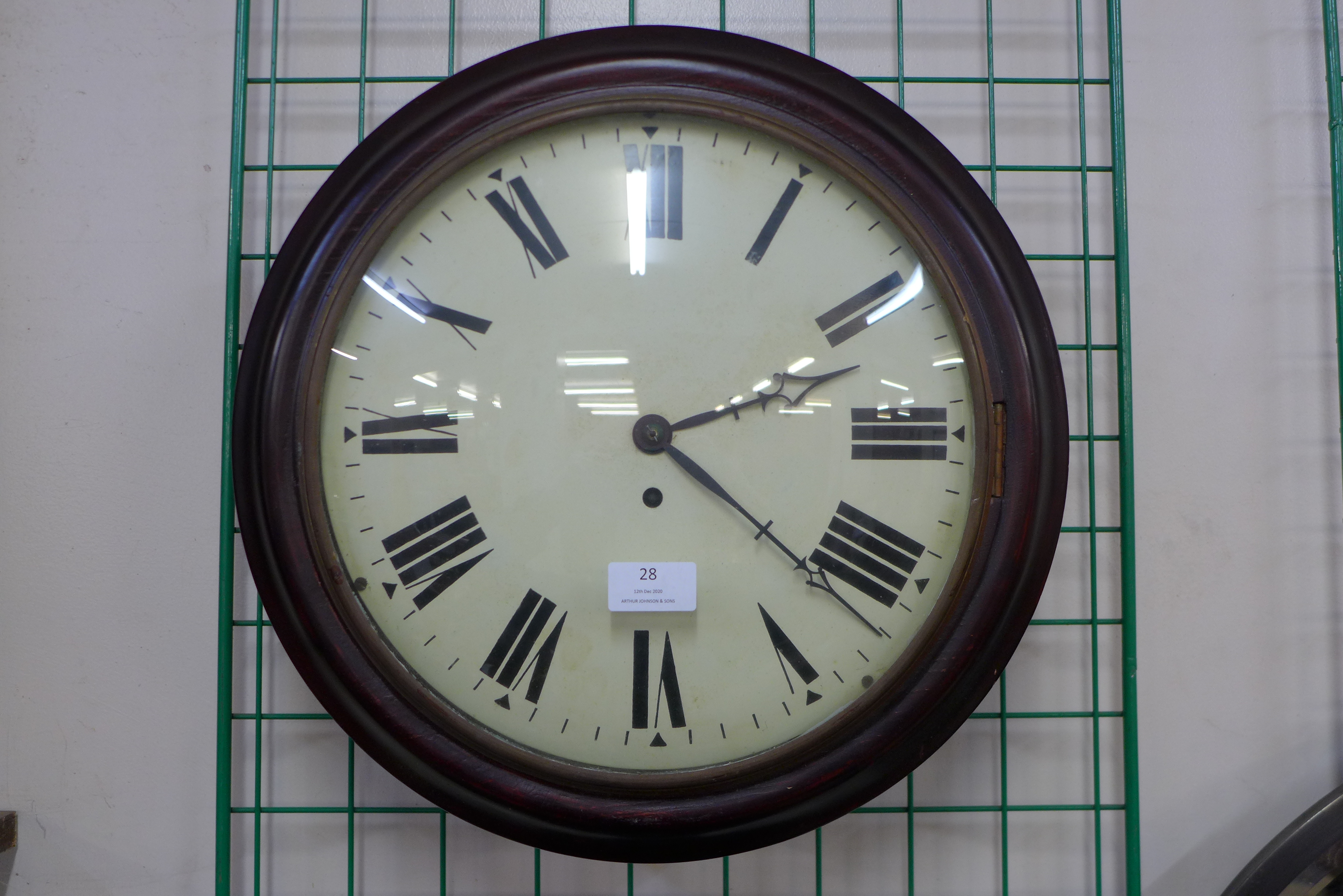 A mahogany convex fusee wall clock, 40cms d