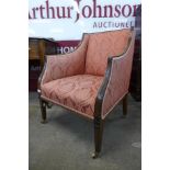 A Victorian carved mahogany and upholstered armchair, 82cms h, 62cms w, 64cms w