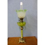 A Victorian Matador Brenner onyx and gilt metal oil lamp, with green glass reservoir, 76cms h