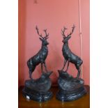 A pair of French style bronze stags, on black marble plinths, 73cms h