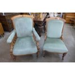 A pair of Victorian Gothic Revival oak and upholstered lady's and gentleman's chairs