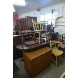 A teak chest of drawers, a/f, a mahogany dining table and three chairs
