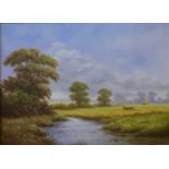 Reg Brown, pair of summer landscapes with a rural path and a stream, oil on canvas, 29 x 39cms,