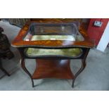 A Victorian mahogany, marquetry inlaid and gilt metal bijouterie table, 76cms h x 63cms w