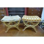 A pair of French Louis XV style gilt wood and upholstered x-frame footstools