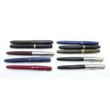 Ten Parker pens, including Duofold, all with 14ct gold nibs, some a/f