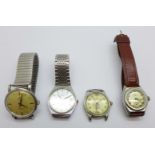 Four wristwatches, Tissot, two Rotary and Enicar