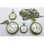 A Roskopf pocket watch, a silver fob watch, guard chain and two other pocket watches