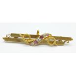A c1900 15ct gold, diamond and ruby brooch, 3.6g, (mark worn)