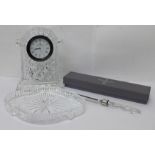 A Waterford crystal clock, a seahorse letter opener, boxed, and a dish (small 'nibbles' to the top