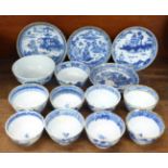 A collection of of Chinese blue and white export porcelain teacups and saucers, 18th/19th Century,