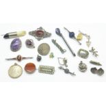 A collection of brooches, etc., some silver, (some a/f including turquoise bird brooch lacking pin)