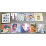 Seven Elvis Presley records, a book and nine framed collectors cards