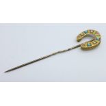 A Victorian 9ct gold, turquoise and pearl horseshoe pin, 1.6g