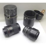 Two camera lenses; Fujica 1:3.5/135 and Fujica Samigon Aps Auto Teleplus 2x, both with cases