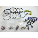 Cloisonne jewellery; eight bangles, four pairs of earrings, necklace, brooch, ring and articulated