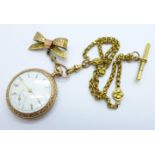 A plated fob watch with plated Albert and bow brooch hanger, the case back bears inscription