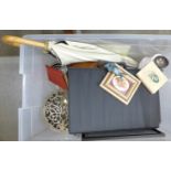 Assorted items; parasol, riding crop, two plated rose bowls, a Denby dish, cassette tapes, a