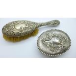 A silver and cut glass trinket dish, Birmingham 1905, lid a/f, and a silver backed brush