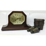 A Cope's of Nottingham chiming mantel clock and a pair of field glasses