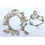 Two silver charm bracelets, 93g