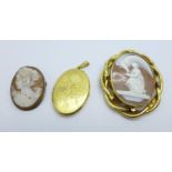 Two cameo brooches and one locket
