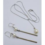 A silver and cultured pearl pendant and chain and a pair of silver and pearl earrings