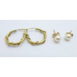 A pair of 9ct gold hoop earrings and a pair of pearl earrings