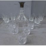 A silver topped decanter, lacking stopper, six sherry glasses and five whisky glasses **PLEASE