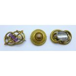 Three plated brooches, mourning and amethyst set