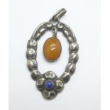 An Art Nouveau 830 silver and amber pendant, marked 830S, F.S., 25mm x 41mm