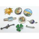 A Norwegian silver and enamel leaf brooch, no pin, an enamel shamrock brooch, an enamelled Victorian