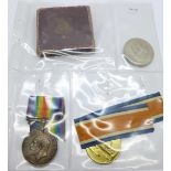 A pair of WWI medals to S-19873 Pte. C.V. Sidaway R.Highrs. and two crowns