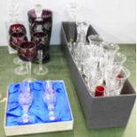 A collection of glass including a Bohemian vase, decanter and four glasses and a Czechoslovakian