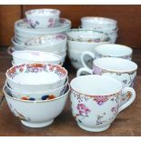 A collection of Chinese famille rose export porcelain teacups and saucers, 18th/19th Century, twenty