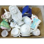 A Coalport figure, Breeze, a Parian bust of Bach, a Spode mug and assorted teaware