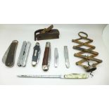 Six pocket knives, letter opener, a small woodworking plane and a 19th Century Weir's Patent