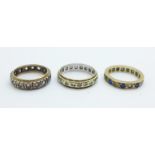 Three rings;- 9ct gold, 2.7g, 9ct gold and silver and one yellow metal with blue and white stones
