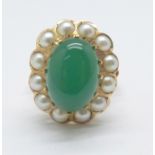 A 14ct gold, green stone and pearl ring, 5.9g, M