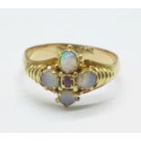 A 15ct gold, opal and garnet ring, 2.7g, P, (with new/replaced shank)