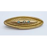 A Victorian 9ct gold, turquoise and seed pearl brooch, Chester mark, 2.9g