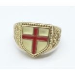 A 9ct gold St. George cross shield ring, 8.2g, X
