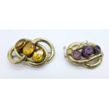 Two c1900 gold plated brooches set with stones, largest 54mm