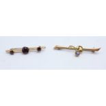 Two 9ct gold brooches, including one garnet set hallmarked Birmingham 1912, 3.8g