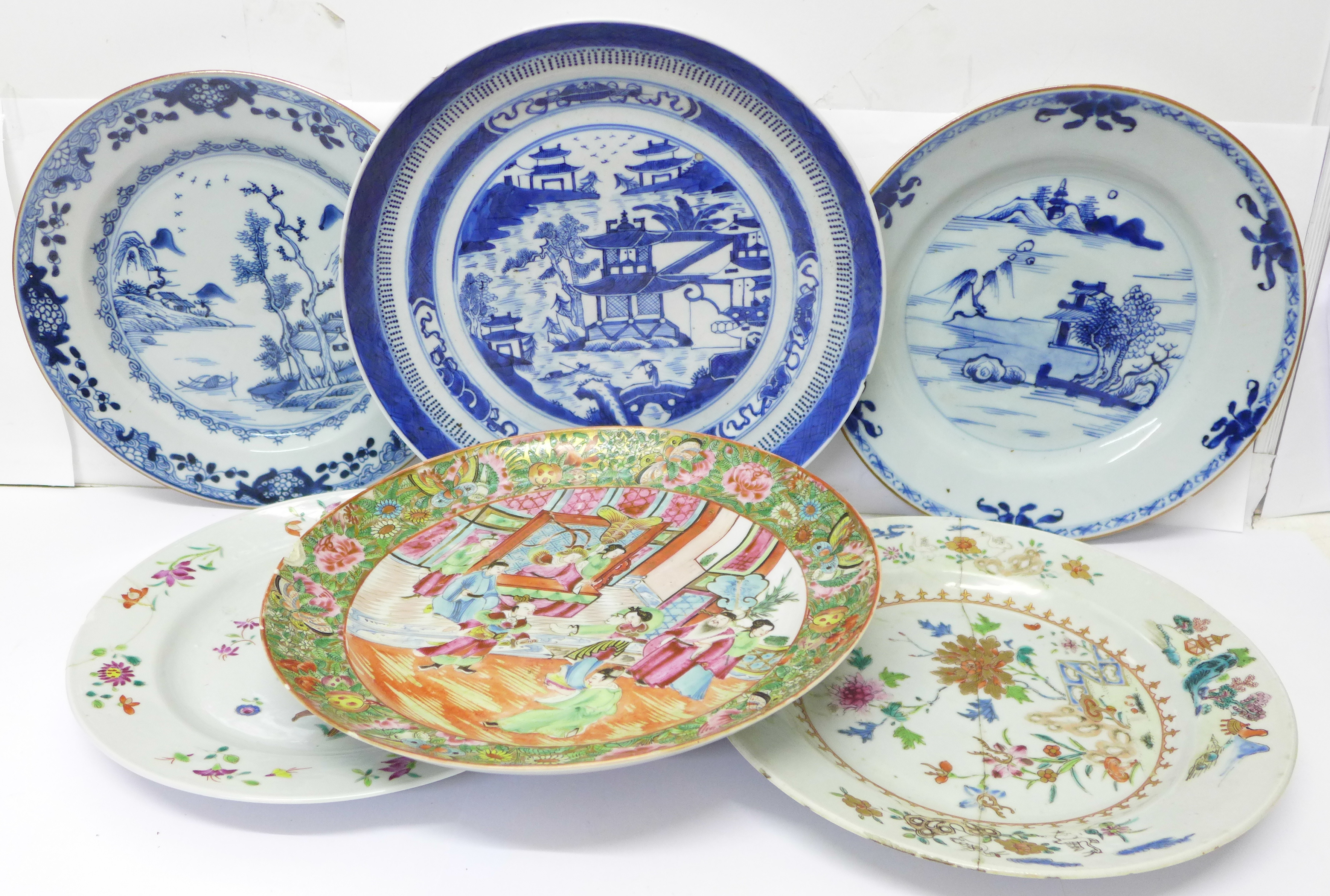 Three Chinese blue and white plates, 18th/19th Century, one diameter 25.5cm, the other two
