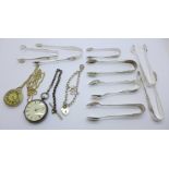 A silver pocket watch, no back, a silver bracelet and silver plated sugar bows